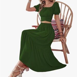 Green Puff-Sleeve Maxi Skirt Set